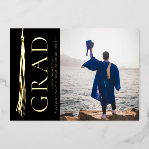 Modern Elegant Tassel Photo Grad Party Custom Foil Holiday Card