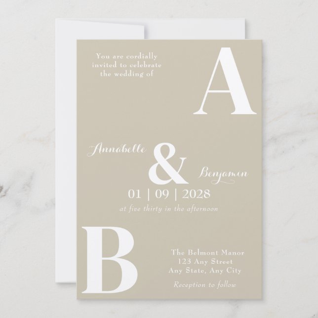 Modern Elegant Taupe Initial Wedding Invitation (Front)