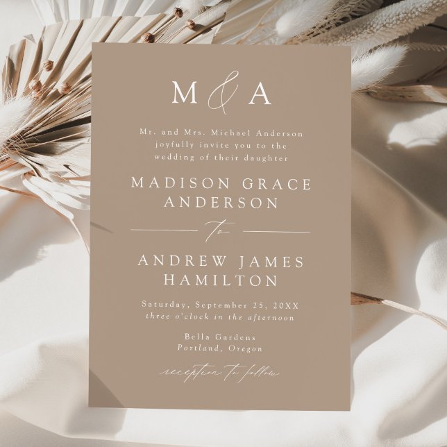 Modern Elegant Taupe Monogram Wedding Invitation (Creator Uploaded)
