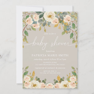 Modern Elegant Taupe Peach Floral Baby Shower Invitation
