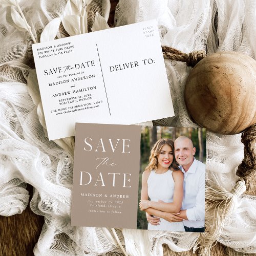 Modern Elegant Taupe Photo Save the Date Announcement Postcard