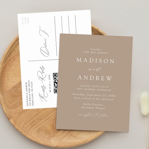 Modern Elegant Taupe QR Code Wedding Invitation Postcard