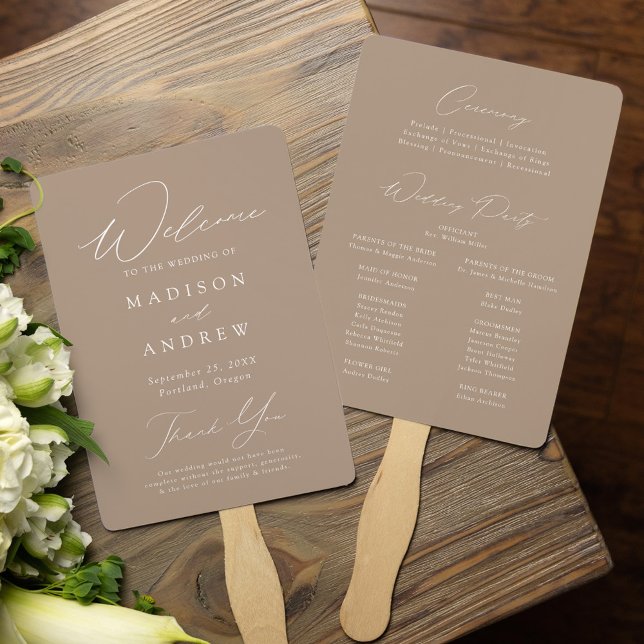 Modern Elegant Taupe Wedding Program Hand Fan (Creator Uploaded)