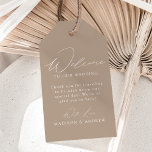 Modern Elegant Taupe Wedding Welcome Gift Tags<br><div class="desc">These elegant calligraphy wedding welcome gift tags are perfect for both casual and formal weddings. The design features a modern white calligraphy script with a taupe background or color of your choice. Personalize the taupe wedding welcome gift tags with a short welcome message, your names, etc. The minimalist wedding gift...</div>