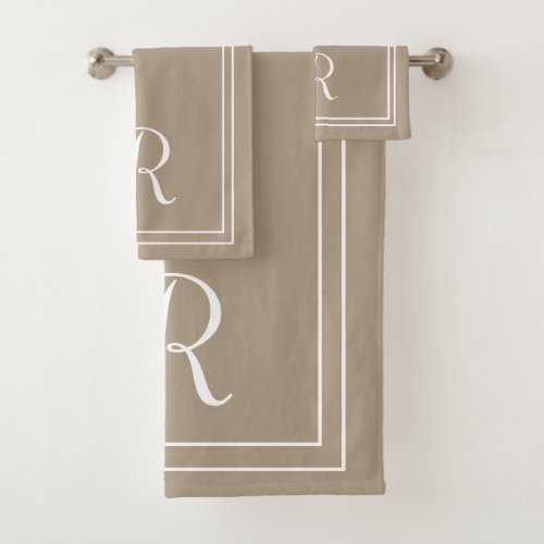 Modern Elegant Taupe  White Monogram Bath Towel Set