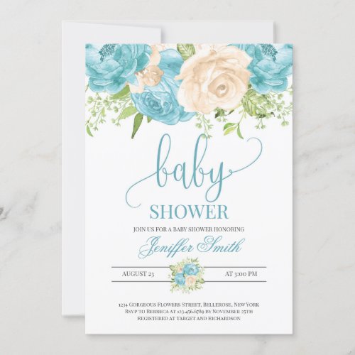 Modern elegant teal and cream floral baby shower invitation