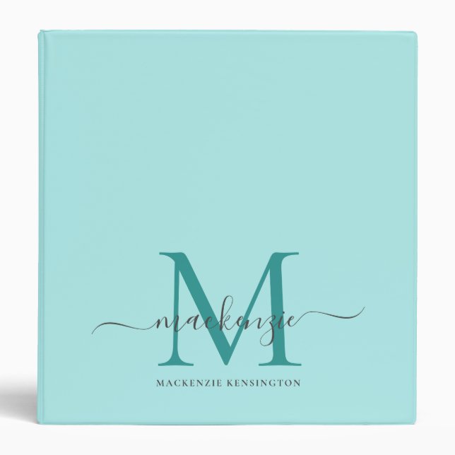 Modern Elegant Teal Aqua Blue Monogram 3 Ring Binder (Front)