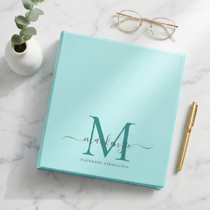 Modern Elegant Teal Aqua Blue Monogram 3 Ring Binder
