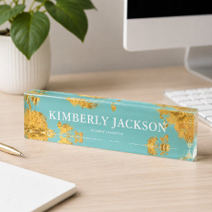 Modern Elegant Teal Aqua Gold Desk Name Plate