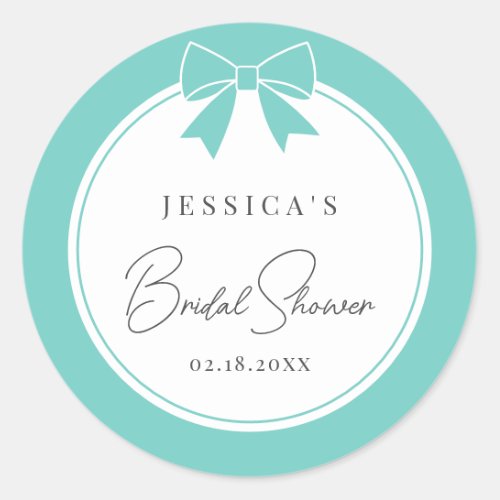 Modern Elegant Teal Blue Bow Ribbon Bridal Shower Classic Round Sticker