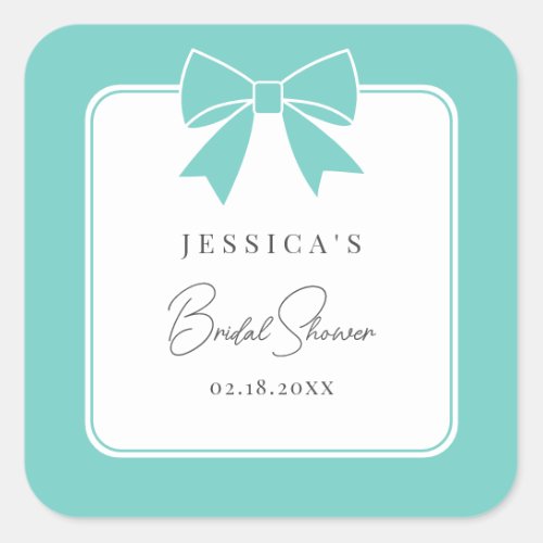 Modern Elegant Teal Blue Bow Ribbon Bridal Shower Square Sticker