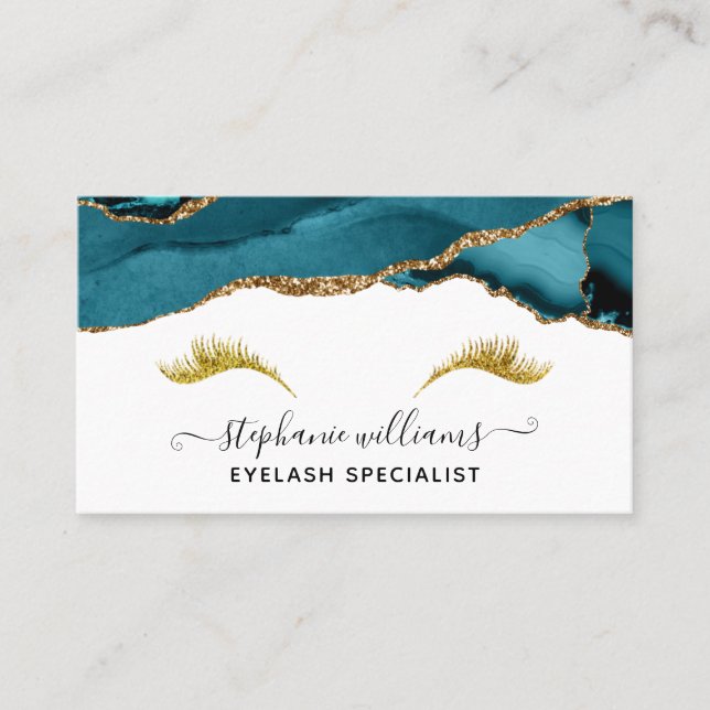 Modern Elegant Teal Gold Agate Lashes Business Card (Front)