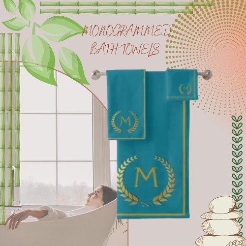 Modern Elegant Teal Gold Chic Monogramed Bath Towel Set