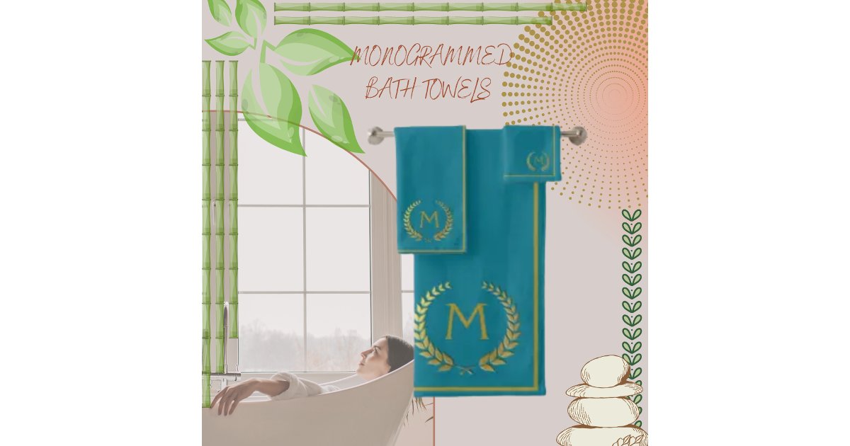 Modern Elegant Teal Gold Chic Monogramed Bath Towel Set | Zazzle