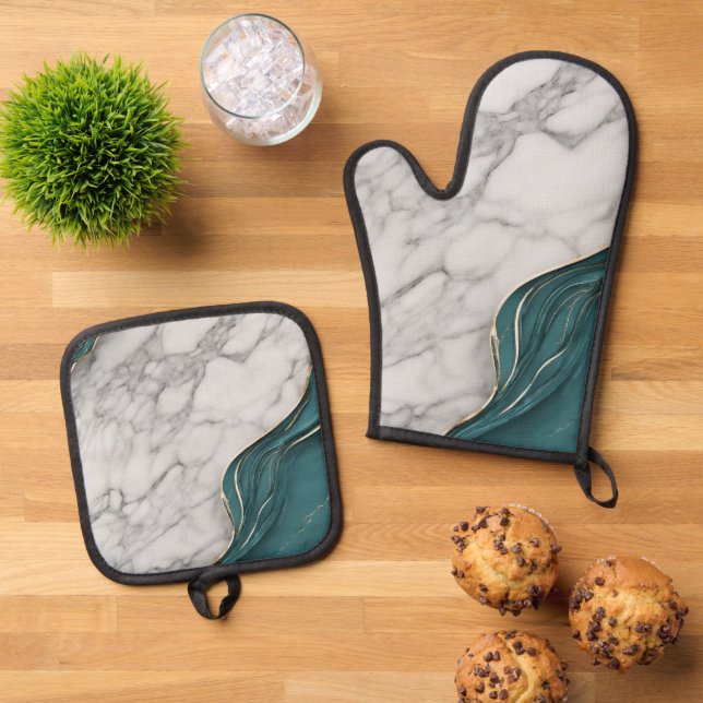Modern Elegant Teal Gray Marble Oven Mitt & Pot Holder Set (Top Down)