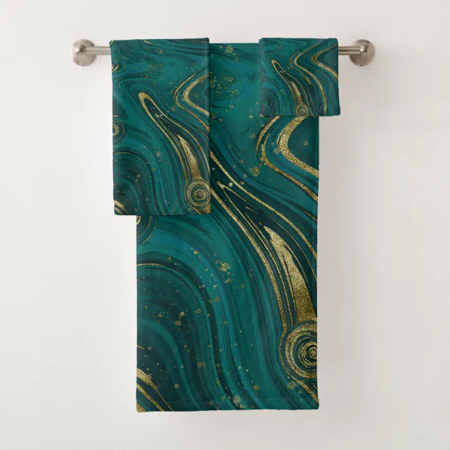 Modern Elegant Teal Green & Gold Marble Swirl Bath Towel Set | Zazzle