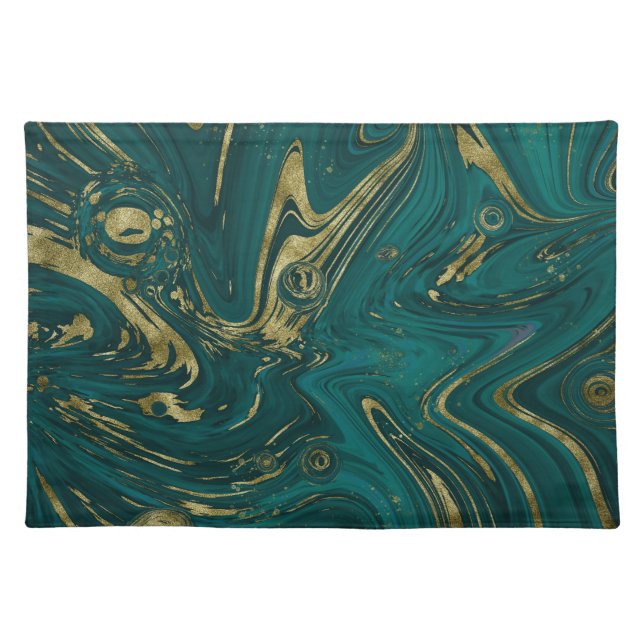 Modern Elegant Teal Green & Gold Marble Swirl    Cloth Placemat (Front)