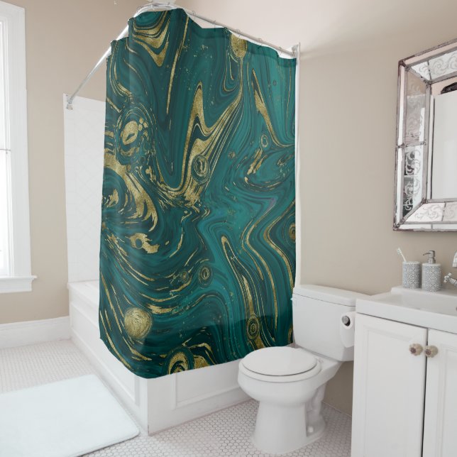 Modern Elegant Teal Green & Gold Marble Swirl   Shower Curtain (In Situ)