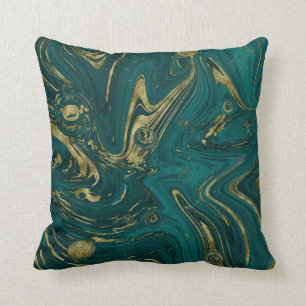 Modern Elegant Teal Green & Gold Marble Swirl Throw Pillow