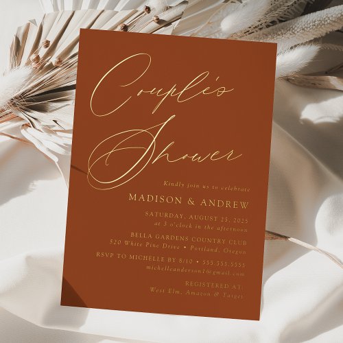 Modern Elegant Terracotta and Gold Couples Shower Foil Invitation