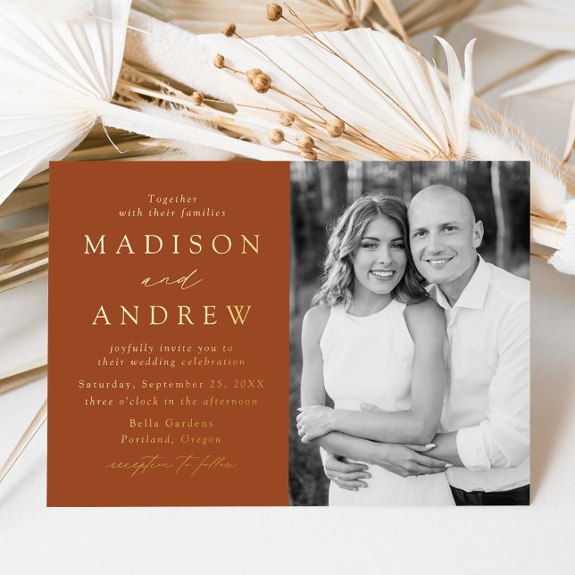 Modern Elegant Terracotta and Gold Photo Wedding Foil Invitation (Creator Uploaded)