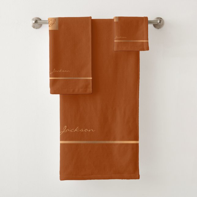 Modern elegant terracotta chic monogrammed stripes bath towel set (Insitu)