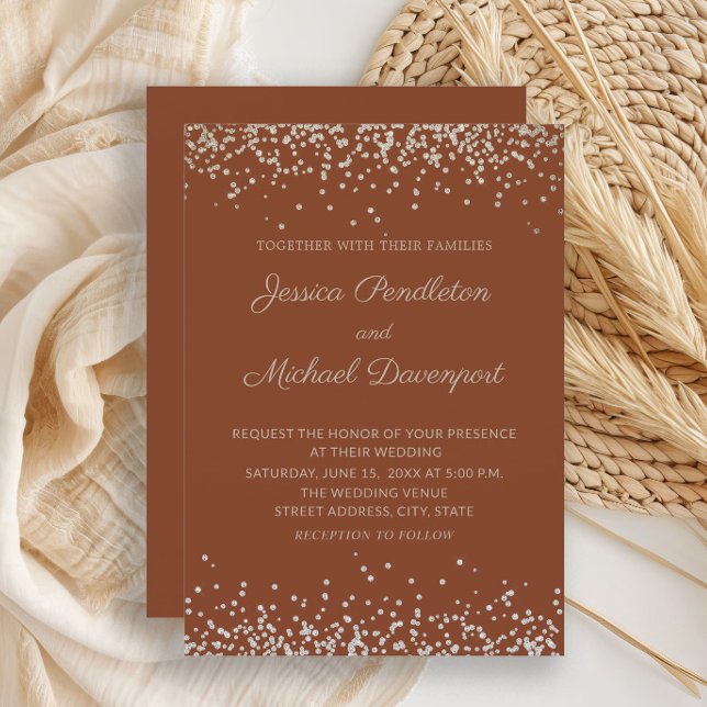 Modern Elegant Terracotta Gold Glitter Wedding  Invitation (Terracotta wedding invitation with elegant script)