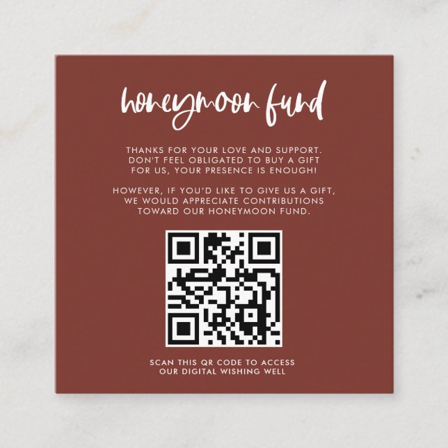 Modern elegant terracotta Honeymoon fund QR code Enclosure Card (Front)