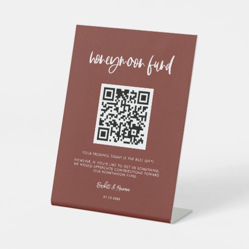 Modern elegant terracotta Honeymoon fund QR code Pedestal Sign