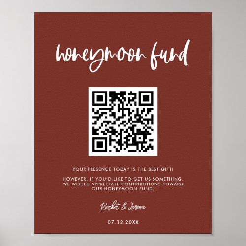 Modern elegant terracotta Honeymoon fund QR code Poster