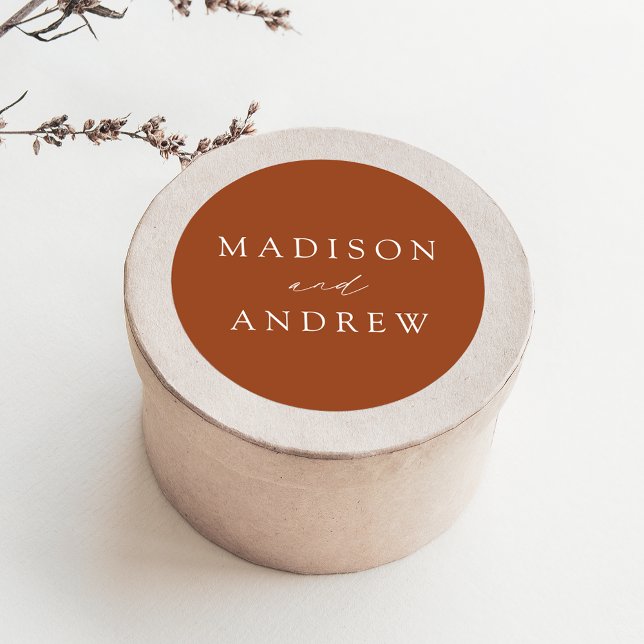 Modern Elegant Terracotta Personalized Wedding Classic Round Sticker (Creator Uploaded)