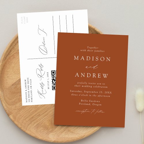 Modern Elegant Terracotta QR Code Wedding Invitation Postcard