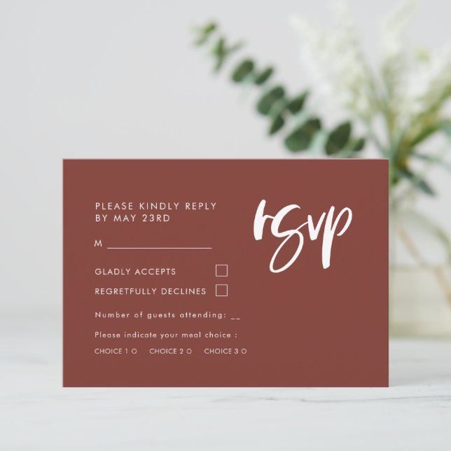 Modern elegant terracotta RSVP with meal choice Card (Standing Front)
