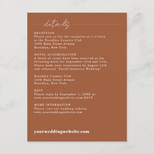 Modern Elegant Terracotta Script Wedding Details E Enclosure Card