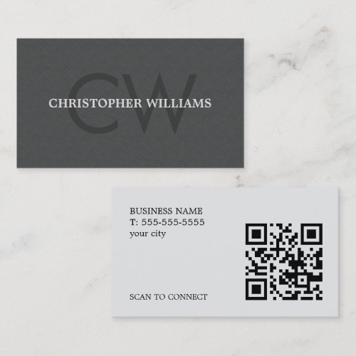 Modern Elegant Texture Gray Monogram QR Code Business Card