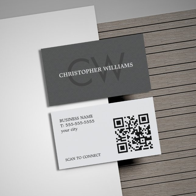Modern Elegant Texture Gray Monogram QR Code Business Card (Creator Uploaded)