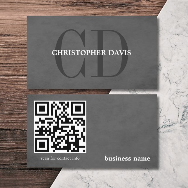 Modern Elegant Texture Grey Monogram QR code Business Card (Creator Uploaded)