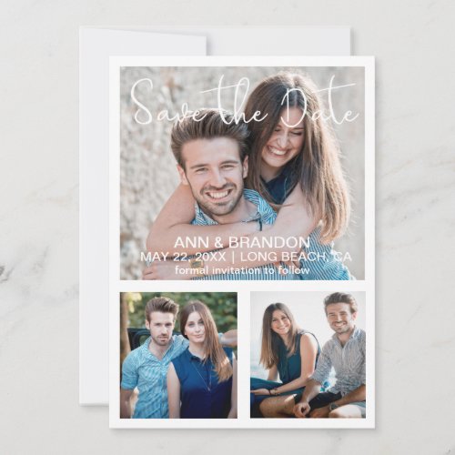 Modern Elegant Three Photos Handwritten Wedding Save The Date