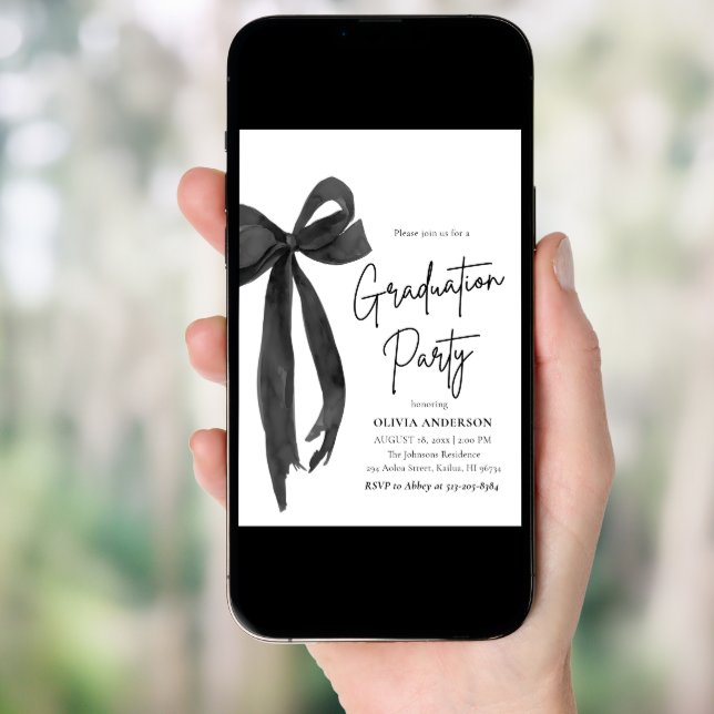 Modern Elegant Trendy Black Bow Graduation Arched Invitation (Front Digital)