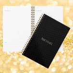 Modern Elegant Trendy Black Gold Weekly & Monthly Planner<br><div class="desc">Custom, personalized, modern, trendy, chic, classy black and grey checkered pattern, elegant faux gold typography / script name, weekly & monthly panner with one sheet of fun and colorful repositionable stickers in back. Simply type in your name, to customize. Plan your days in style with this customizable planner. With its...</div>