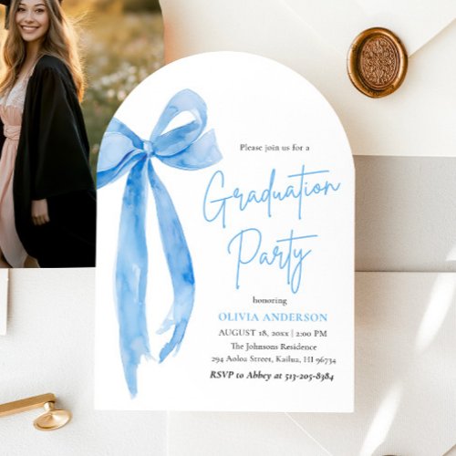 Modern Elegant Trendy Blue Bow Graduation Arched 