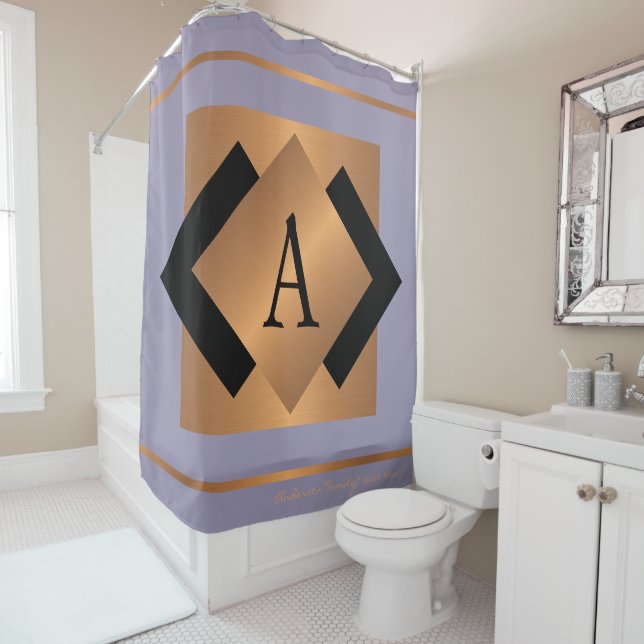 Modern elegant trendy gold monogrammed black chic shower curtain (In Situ)