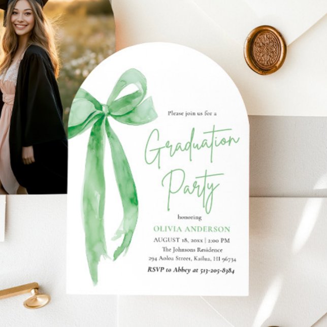 Modern Elegant Trendy Green Bow Graduation Arched Invitation (Creator Uploaded)