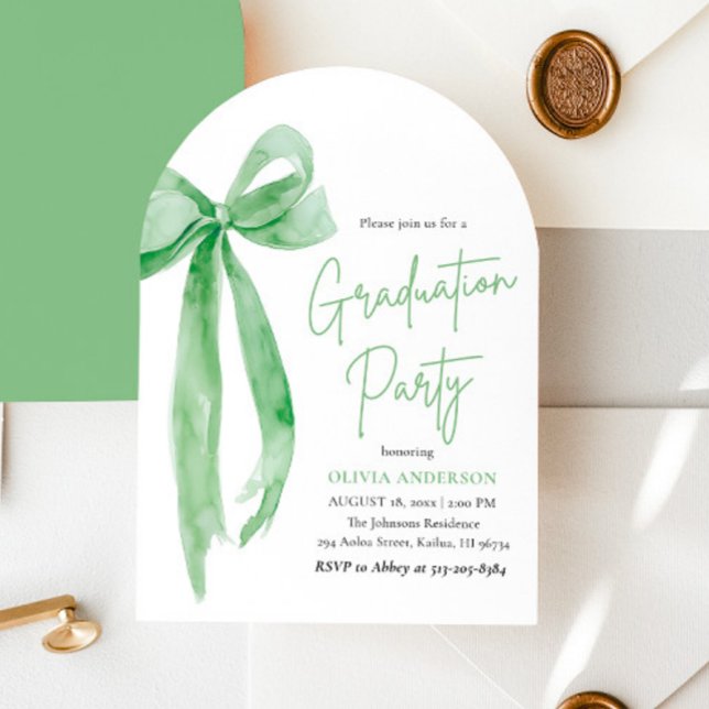 Modern Elegant Trendy Green Bow Graduation Arched Invitation (Creator Uploaded)