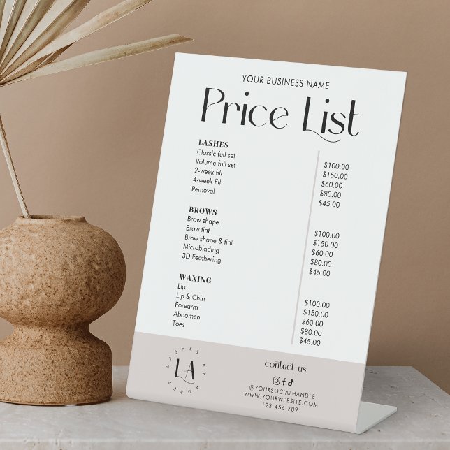 Modern Elegant Trendy Logo Business Price List Pedestal Sign (Modern Taupe business price list pedestal sign with trendy display fonts and minimal layout)