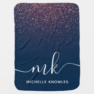 Modern Elegant Trendy Navy Glitter Monogram Baby Blanket