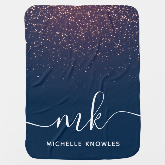 Modern Elegant Trendy Navy Glitter Monogram Baby Blanket (Front)