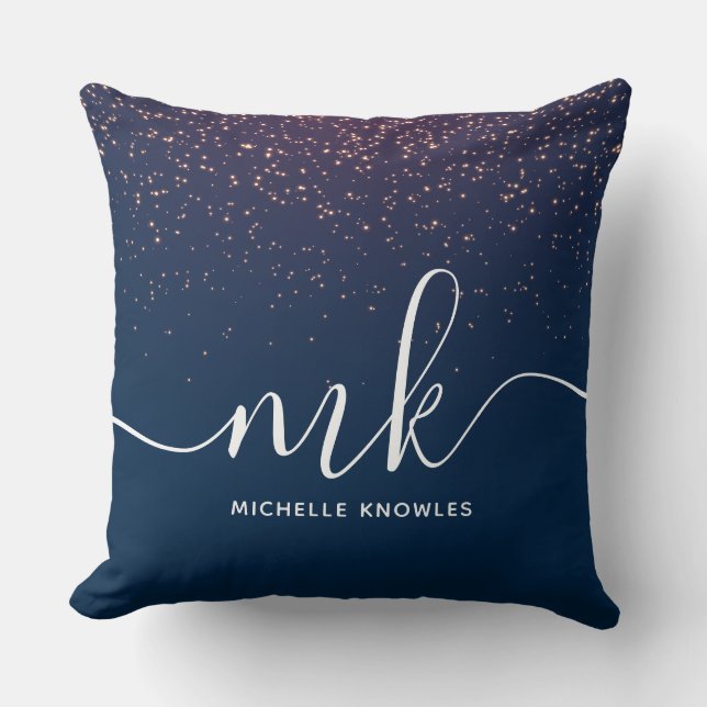 Modern Elegant Trendy Navy Glitter Monogram Throw Pillow (Front)