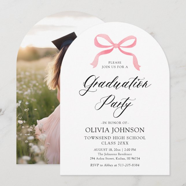 Modern Elegant Trendy Pink Bow Graduation Arched Invitation (Front/Back)