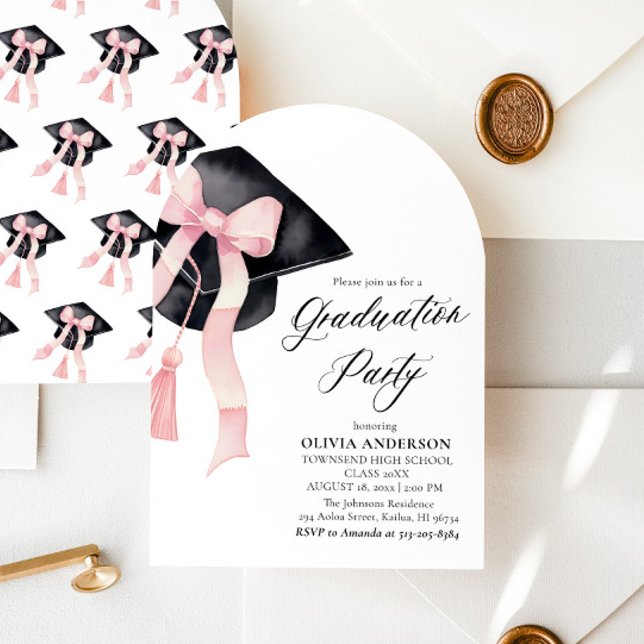 Modern Elegant Trendy Pink Bow Graduation Arched Invitation (Creator Uploaded)